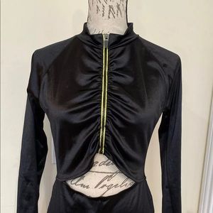 Urban Outfitters Romper Zip Front Cut Out Black Shiny Stretch Biker To Bar